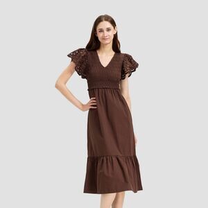 Universal Thread Brown Strapless-Look Midi Dress with Eyelet Sleeves